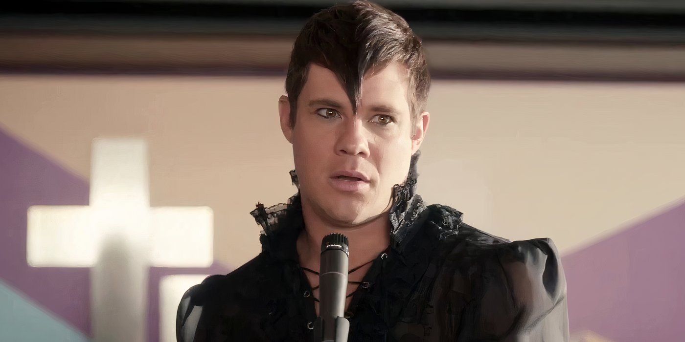 Adam Devine as Kelvin Gemstone dressed in black Gothic style clothes at youth group in The Righteous Gemstones.