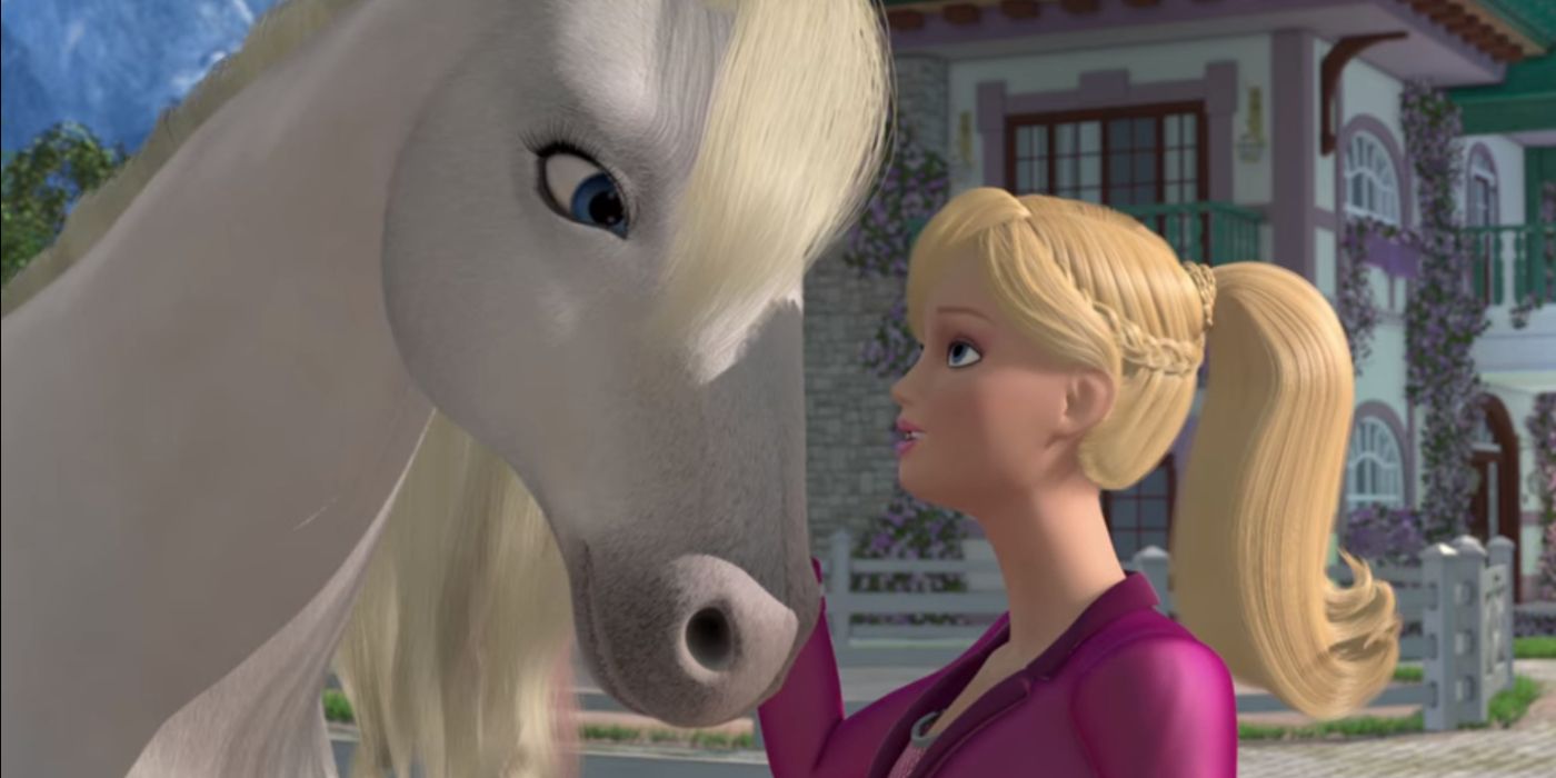 Barbie voiced by Kelly Sheridan patting a white horse in Barbie and her Sisters in a Pony Tale.