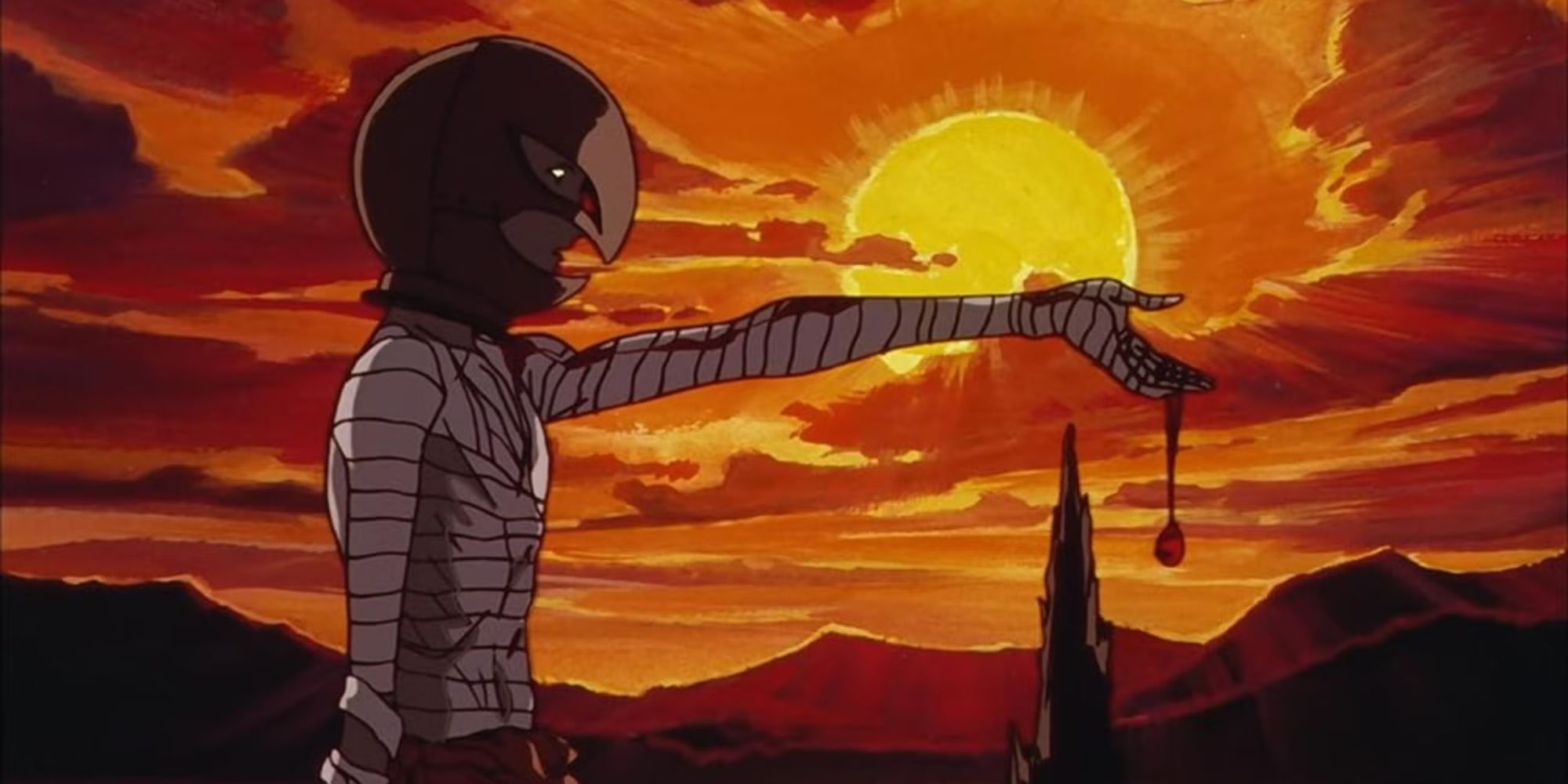 A figure stands in front of an eclipse with blood dripping down the arm in the anime Berserk, 1997.