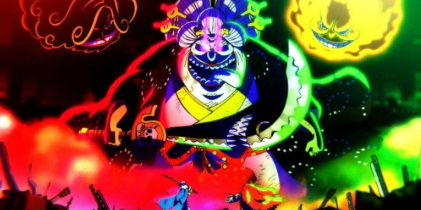 Big Mom staring down Trafalgar Law and Eustass Kid in One Piece
