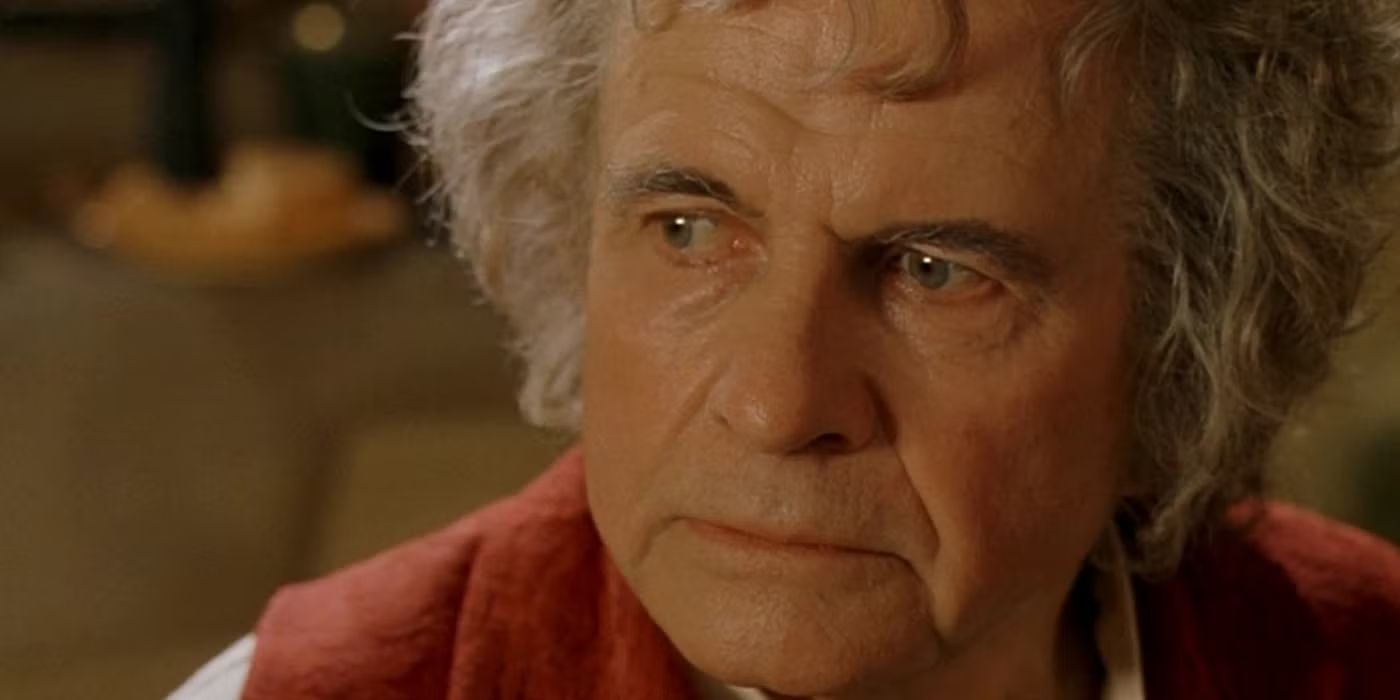 A still from The Fellowship of the Ring of Bilbo, played by actor Ian Holm.