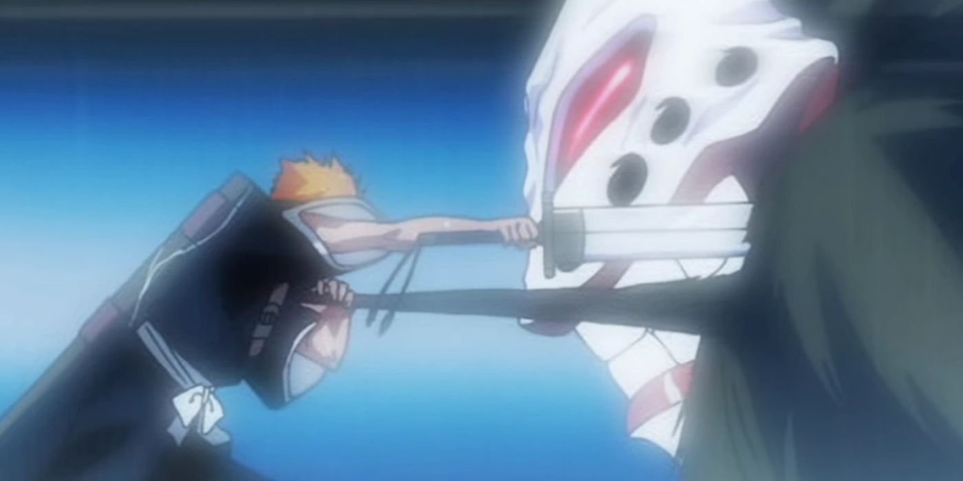 Ichigo stabbing a hollow in the face in Bleach