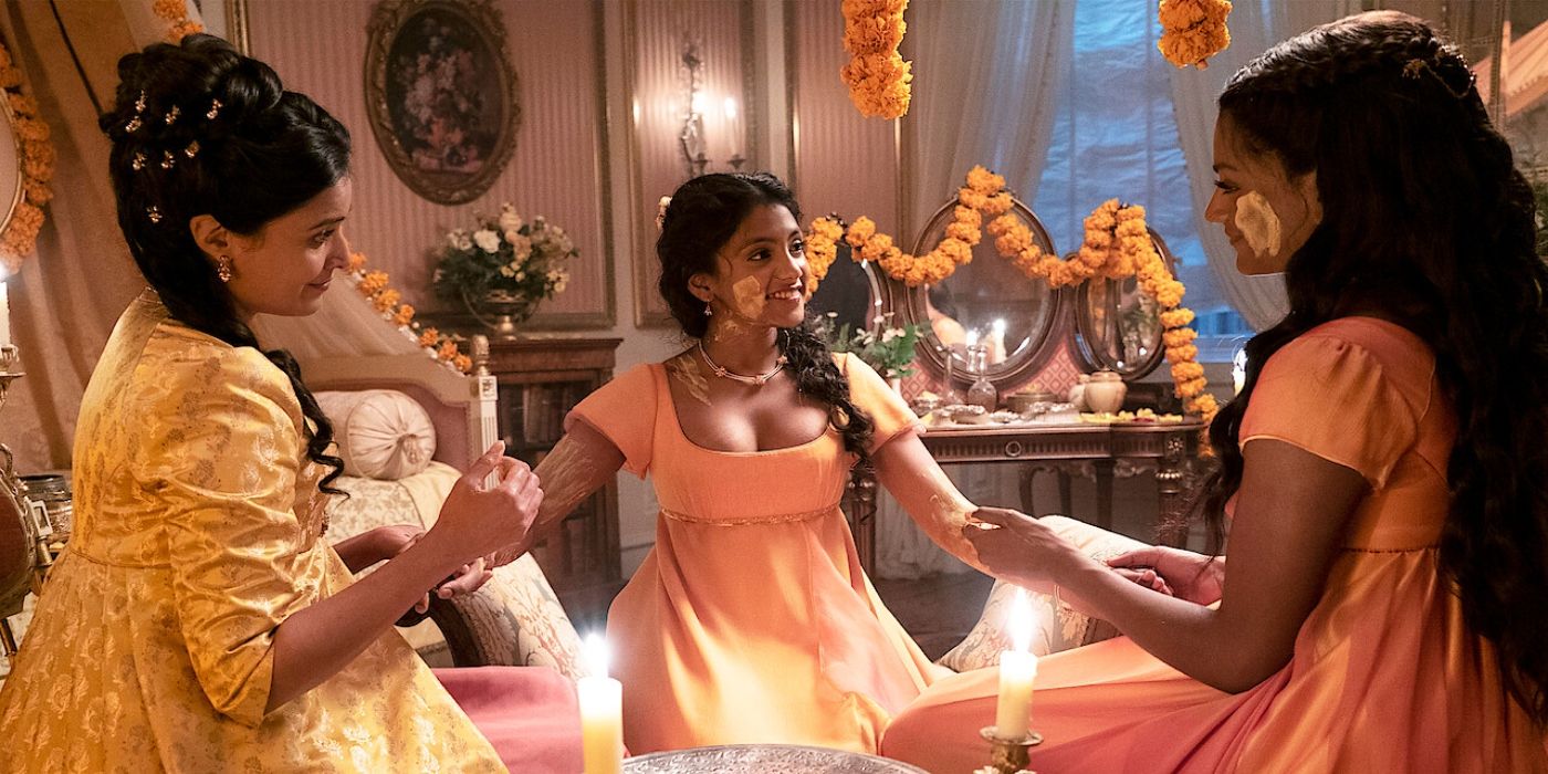 Shelley Conn, Charithra Chandran, and Simone in Ashley in Bridgerton Season 2, Episode 3.
