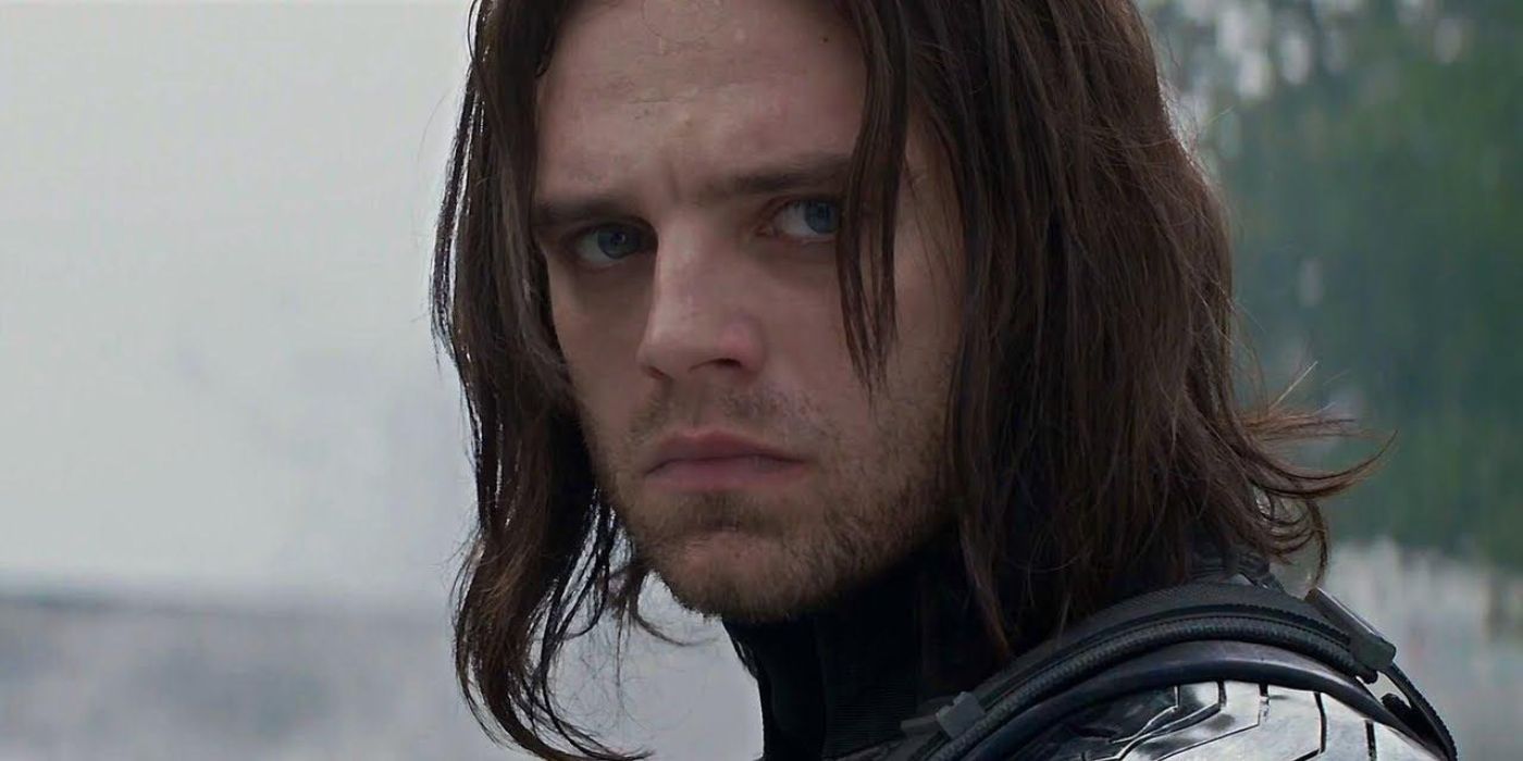 Bucky Barnes looking stern and confused in Captain America: The Winter Soldier.