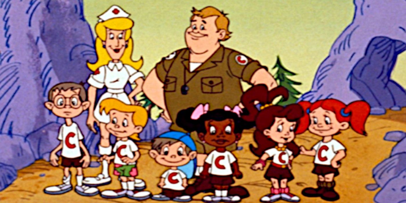 John Candy stands with the rest of his campers in the animated series Camp Candy.