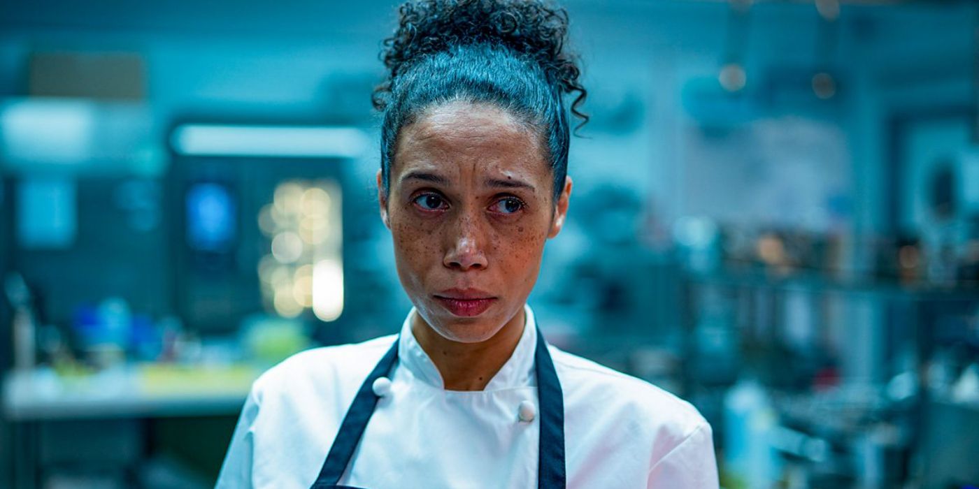 Vinette Robinson as Carly looking at someone off-screen worriedly in episode 1 of Boiling Point.
