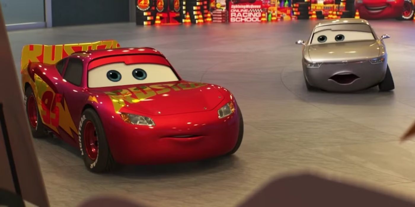 The red animated car Lightning and the silver animated car Sterling have a conversation in Cars 3.