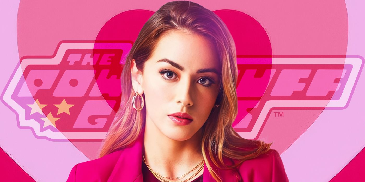 Chloe Bennet as a powerpuff girl in front of the logo