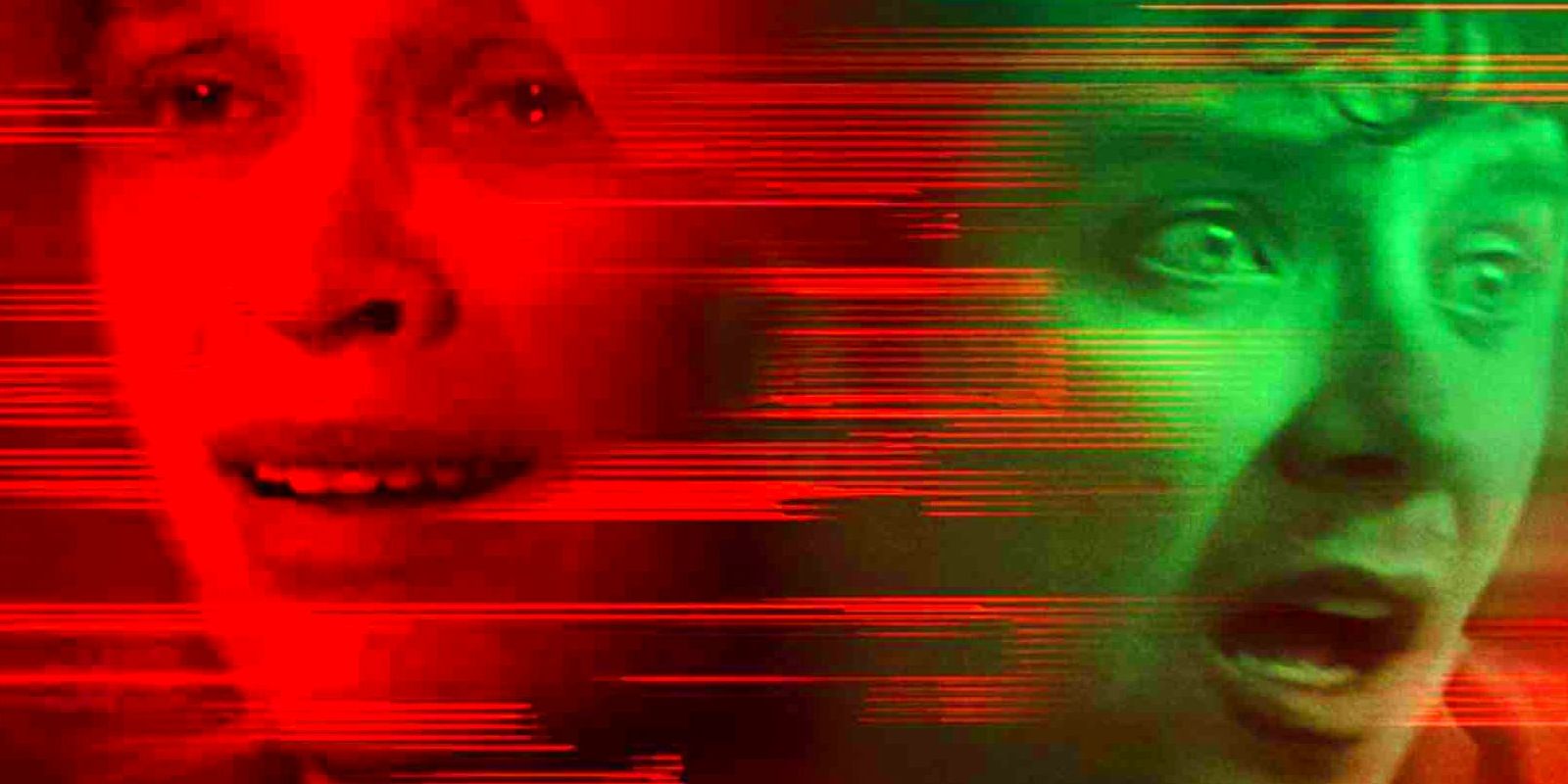 Kayla and Isaac, played by Iola Evans and Asa Butterfield, look scared as their faces are lit in red and green with a digital glitch filter overlaid.