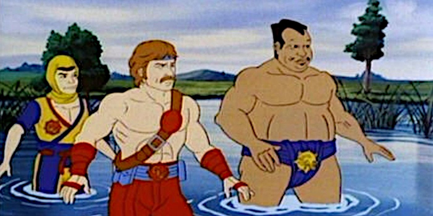 Chuck Norris wades through the water in the animated series Chuck Norris Karate Kommandos.