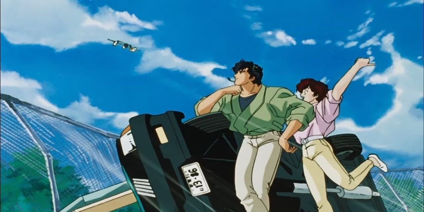 Two characters cheer as a plane flies in the sky in City Hunter anime.