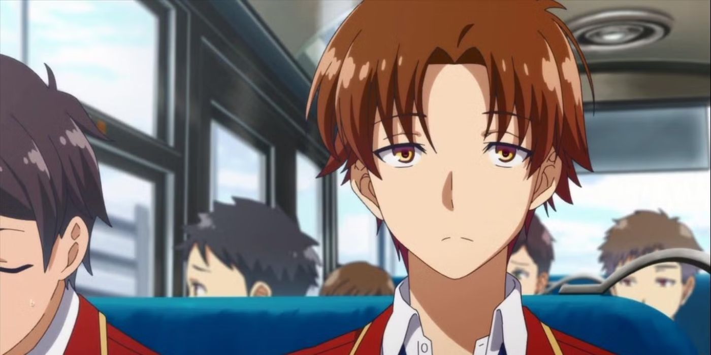 Kiyotaka Ayanokoji sits with others on a bus in Classroom of the Elite.