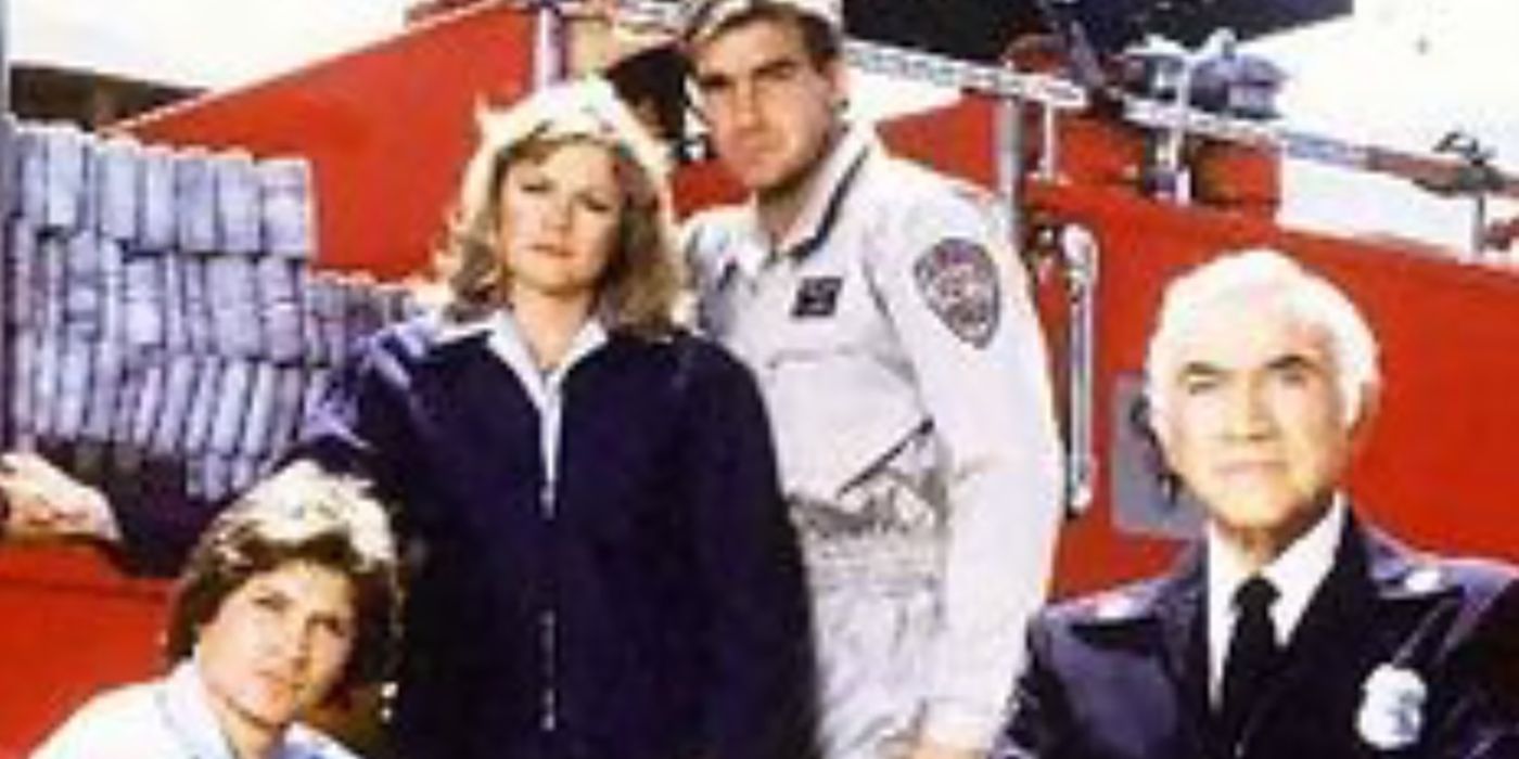 Four people standing in front of a fire truck in the series Code Red.