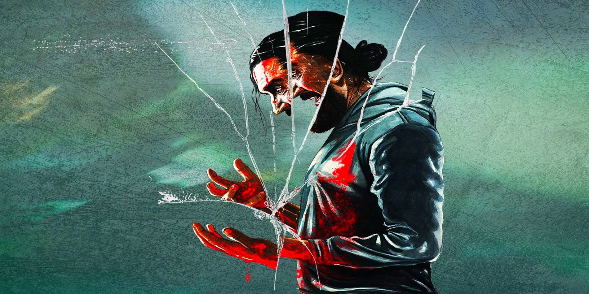 An illustrated poster of a man looking down at his bloody hands and screaming, while his image is cracked like broken glass.