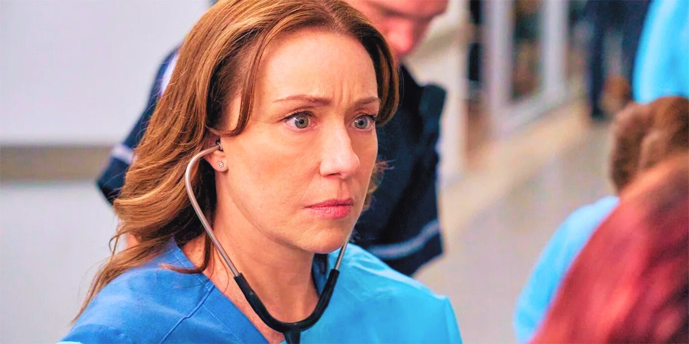 Molly Parker looking concerned with a stethoscope on in Doc
