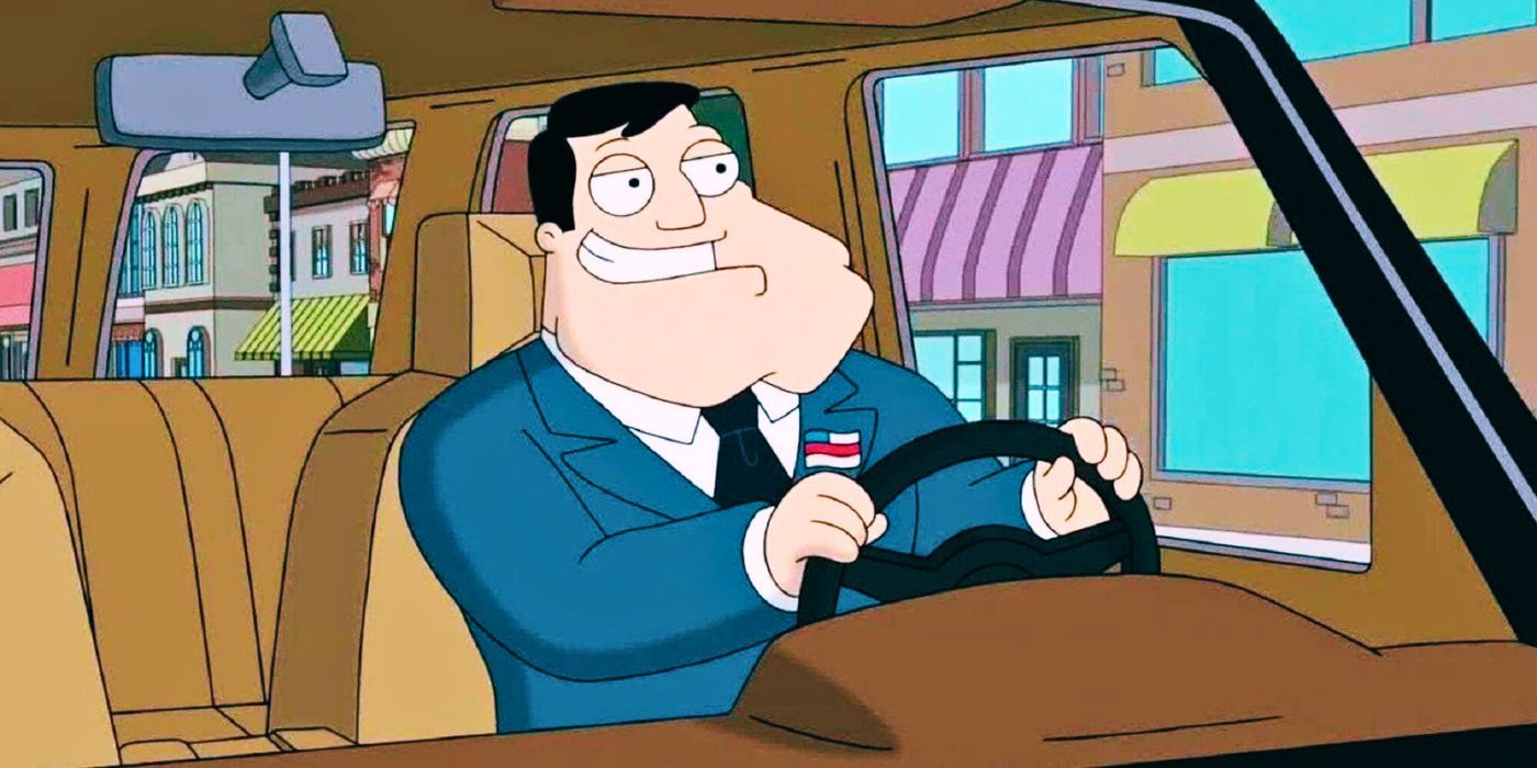 The character Stan Smith smiling while driving a car on American Dad.
