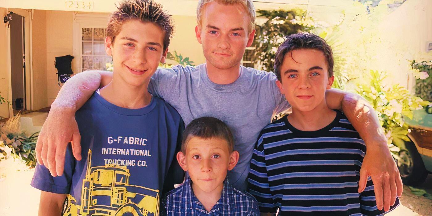 Left to right: Reese, Francis (top), Dewey (bottom), and Malcolm from Malcolm in the Middle pose outside.
