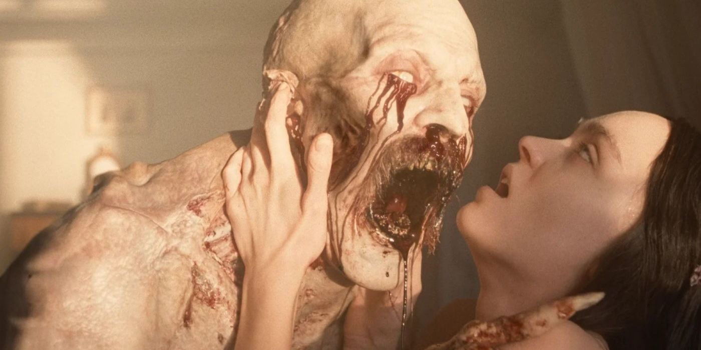 Count Orlok, played by Bill Skarsgard, screams into the sunlight, bleeding from all over his face, while lying on top of Ellen, played by Lily-Rose Depp, in Nosferatu.