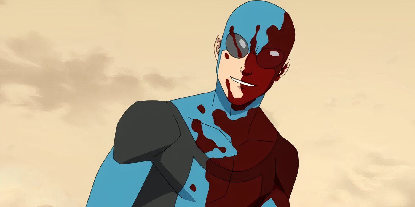 Cowl Invincible covered in blood, smiling in Invincible.