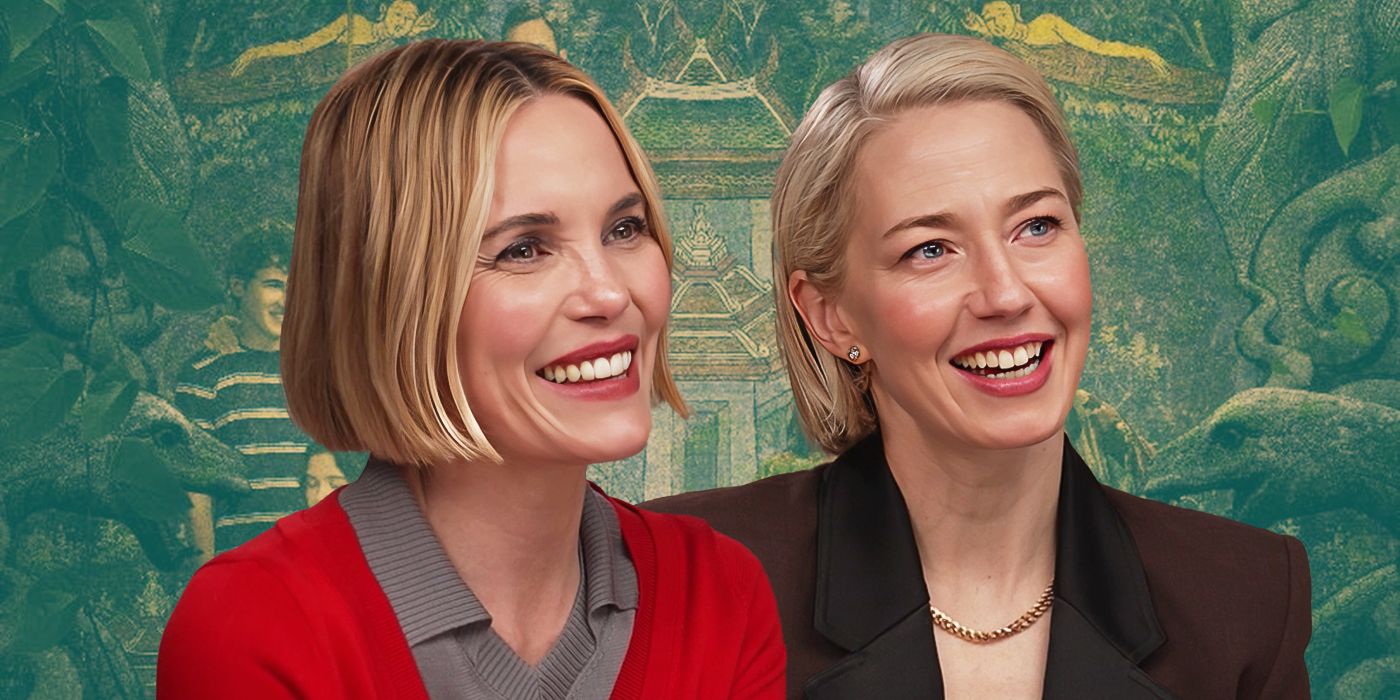 Custom image from?NImesh Niyomal Perera of Leslie Bibb and Carrie Coon smiling for The White Lotus Season 3