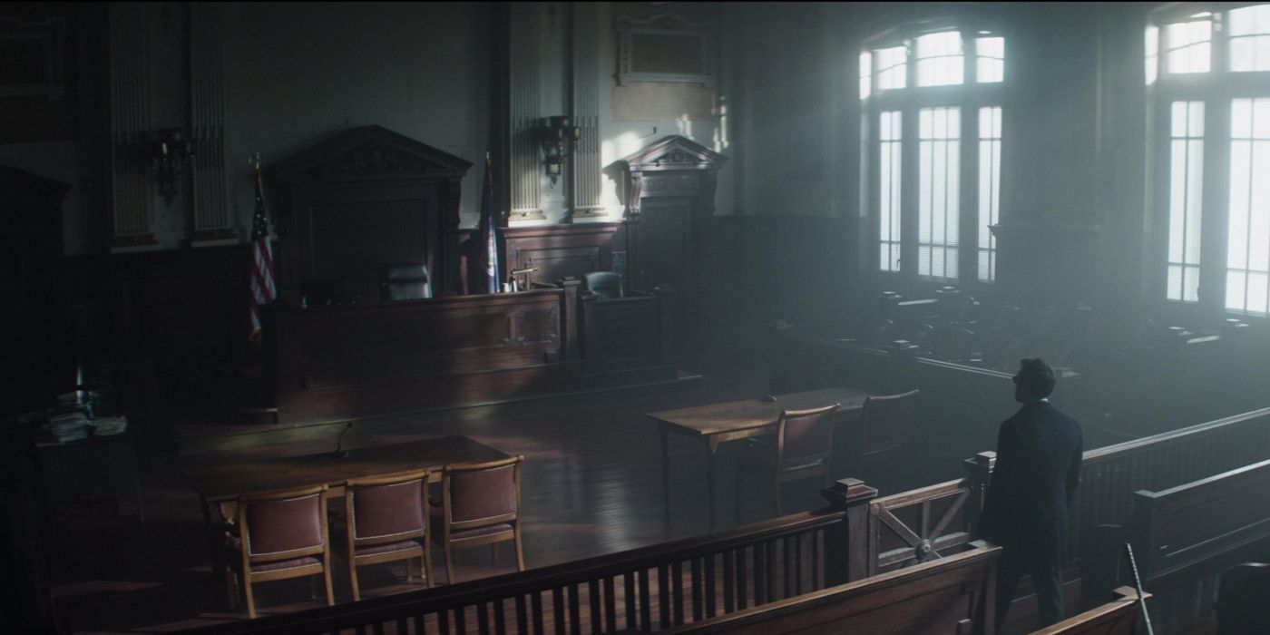 Matt Murdock (Charlie Cox) entering an empty court room in Daredevil: Born Again