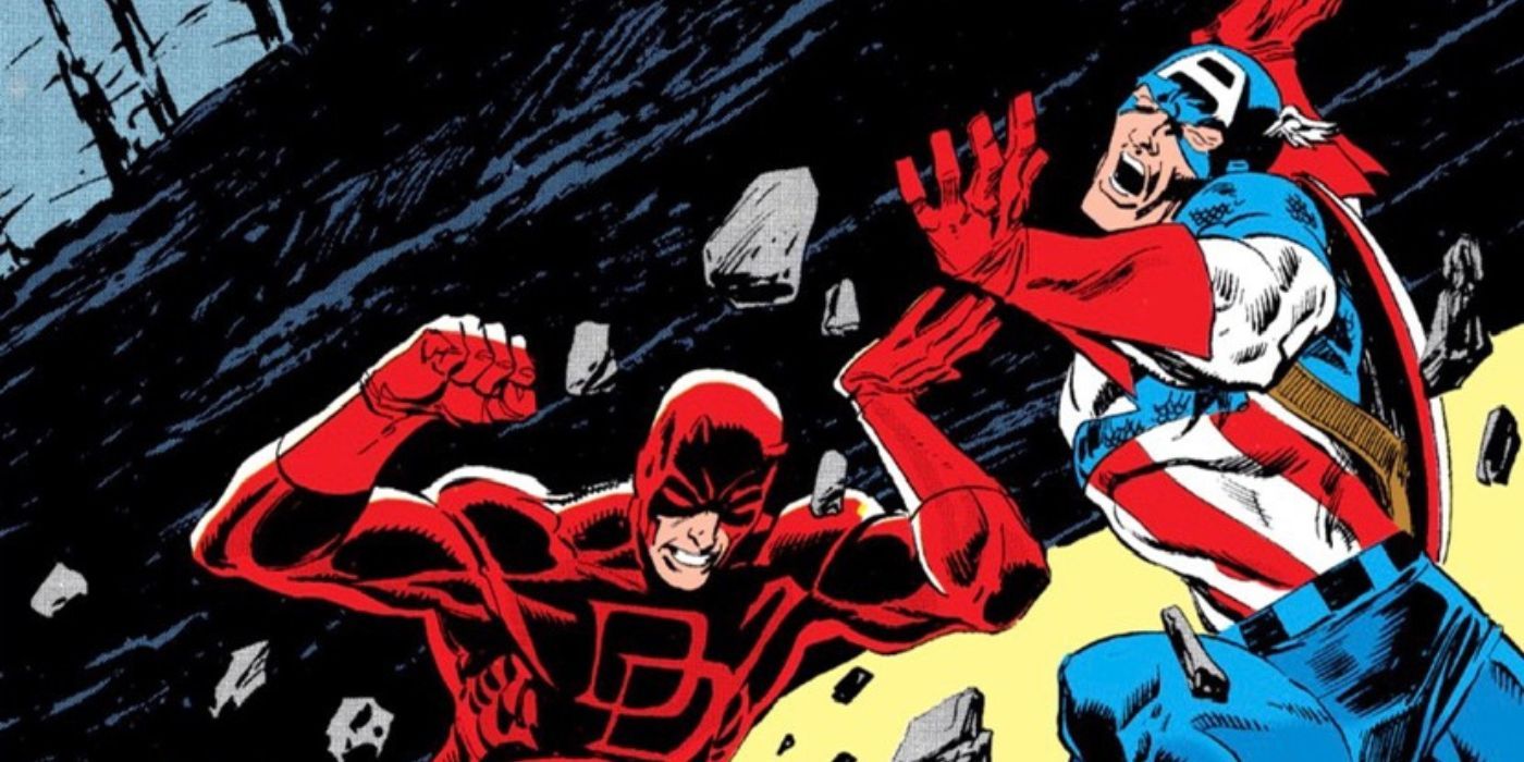 Daredevil and Captain America holding up a block of cement in Marvel Comics