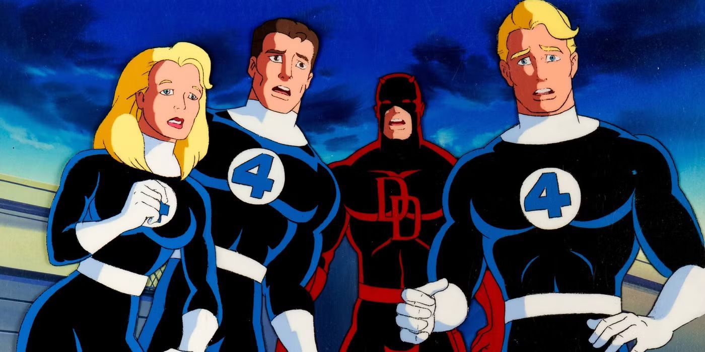 Daredevil and the Fantastic Four looking shocked in Fantastic Four: The Animated Series