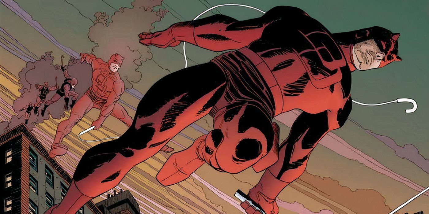 Daredevil flipping through the sky in Marvel Comics.