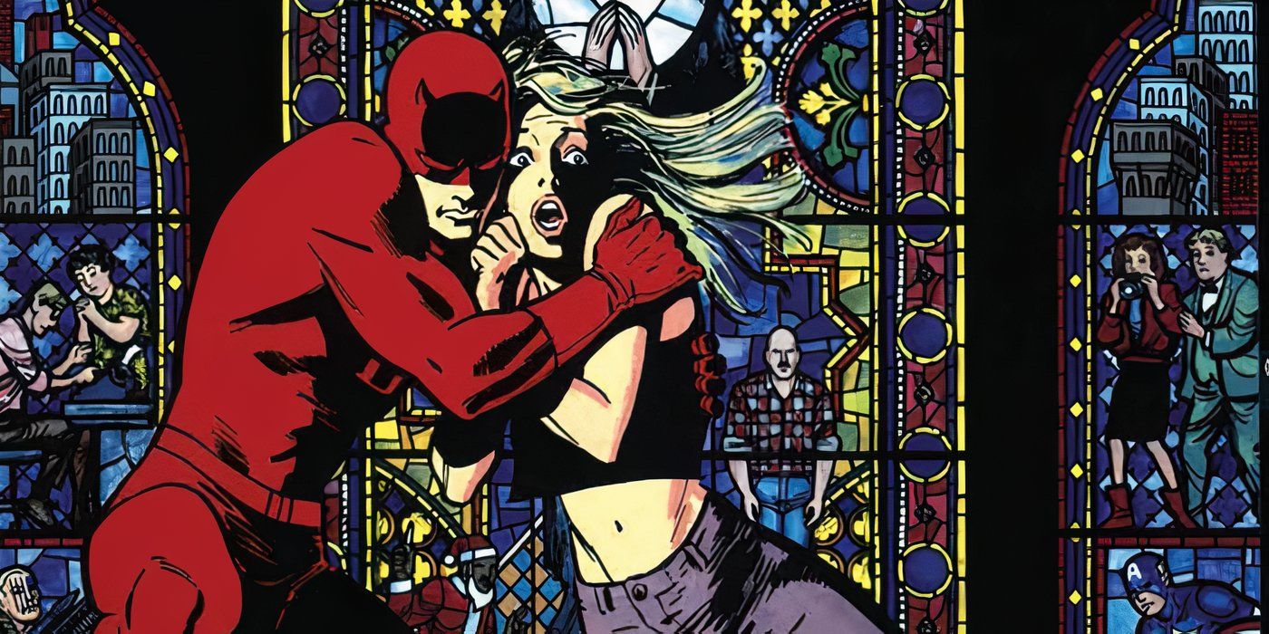 Daredevil holding Karen Page in front of a church window in Marvel Comics