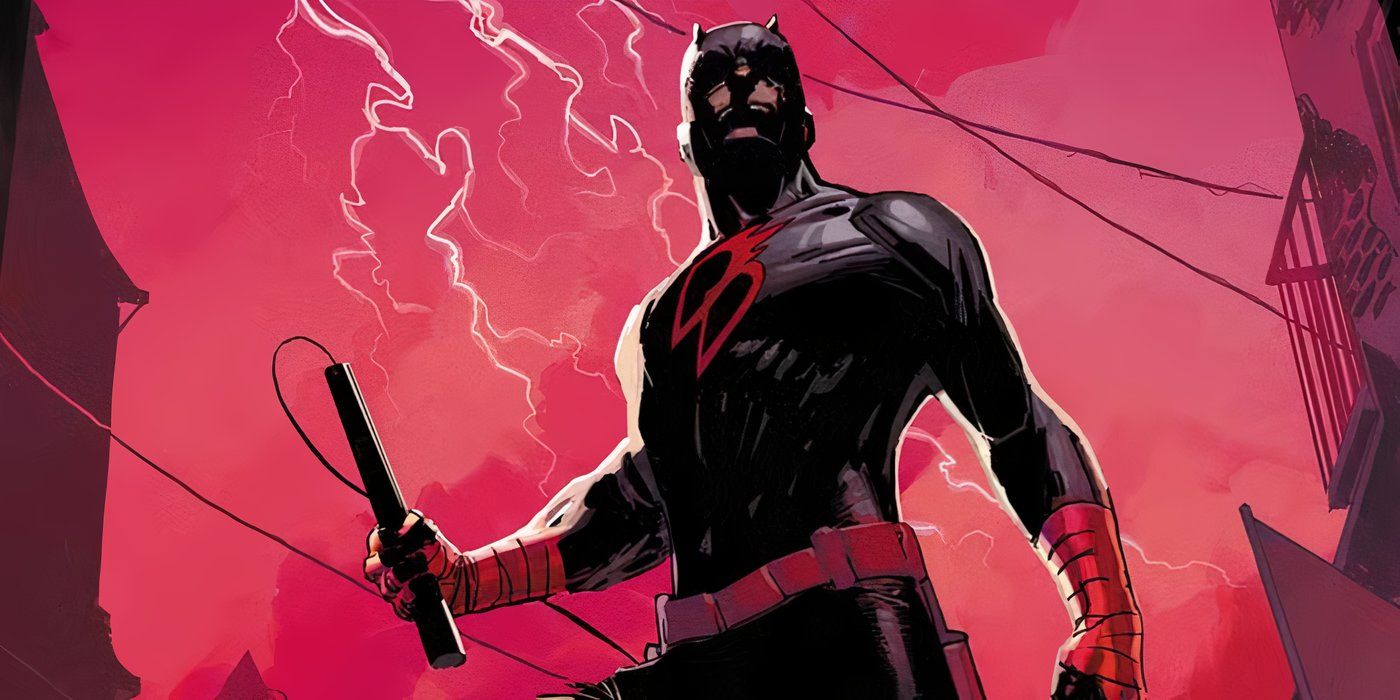 Daredevil in front of a red sky in his Shadowlands suit in Marvel Comics