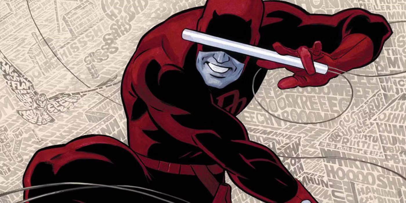 Dardevil smiling as he flies through the air in Marvel Comics