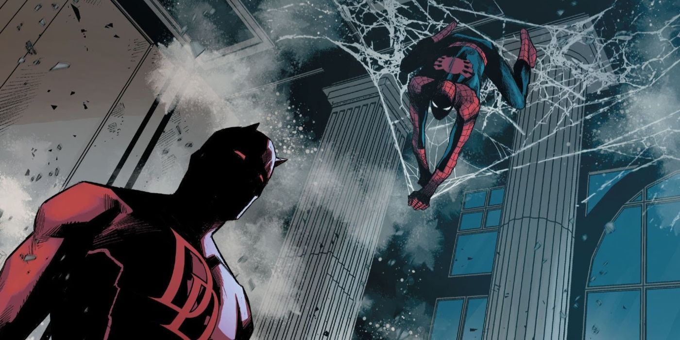 Spider-Man hanging from a web in the ceiling while Daredevil is on the ground