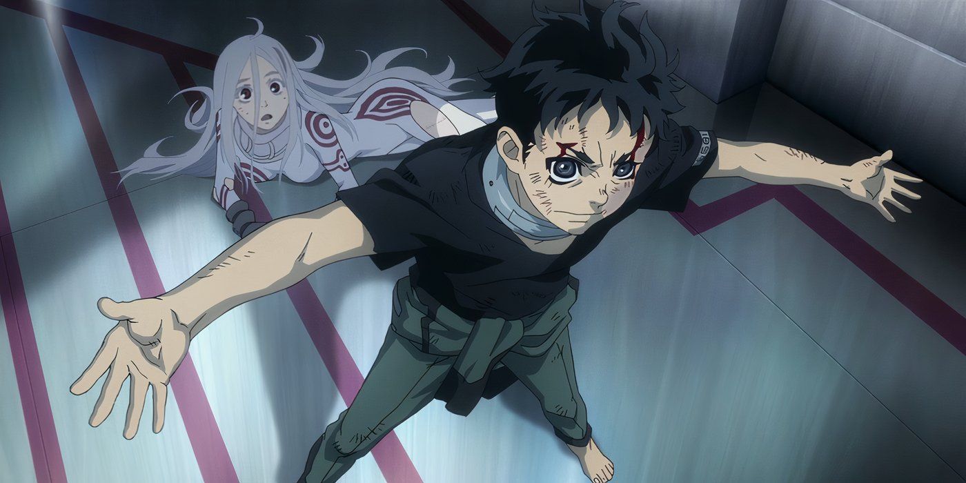 Ganta protecting Shiro in the anime Deadman Wonderland.