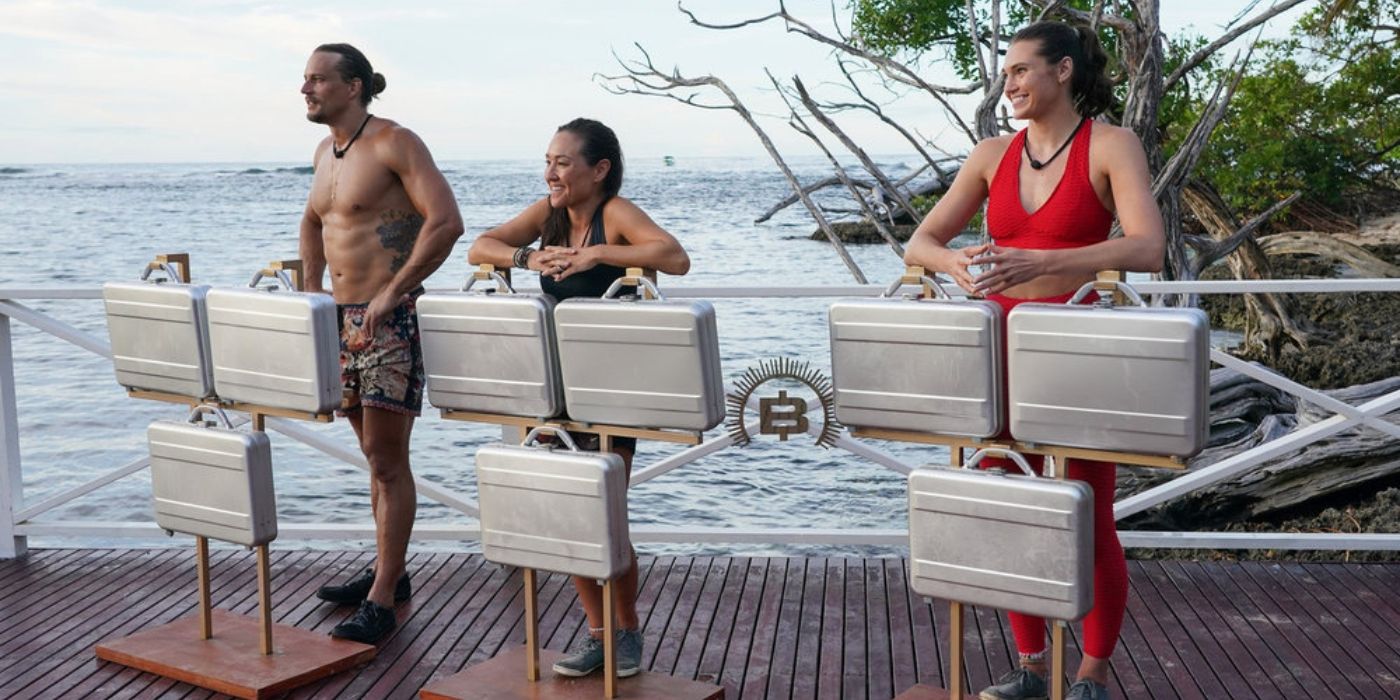 The final three, David, CK, and Lete, with their cases during the final excursion on &lsquo;Deal or No Deal Island&rsquo; Season 2.
