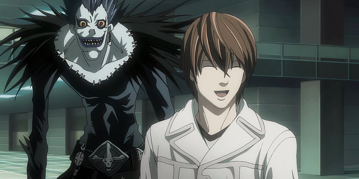 Luz e Ryuk sorrindo na nota de morte do anime.