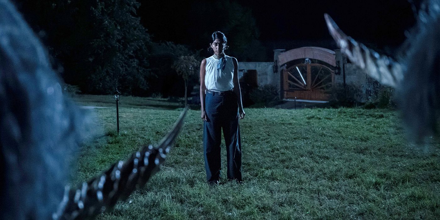 Sunita Mani standing in a field at night staring down a creature off-screen in Death of a Unicorn