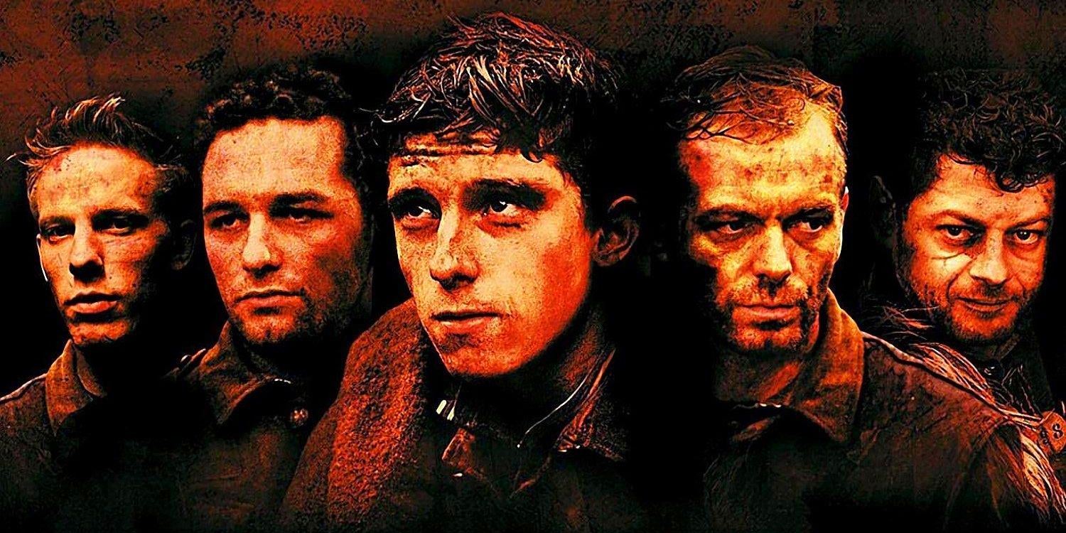 Soldiers Fairweather, Jennings, Shakespeare, Tate and Quinn, played by actors Laurence Fox, Matthew Rhys, Jamie Bell, Hugo Speer, and Andy Serkis lit in red light and looking somber in Deathwatch.