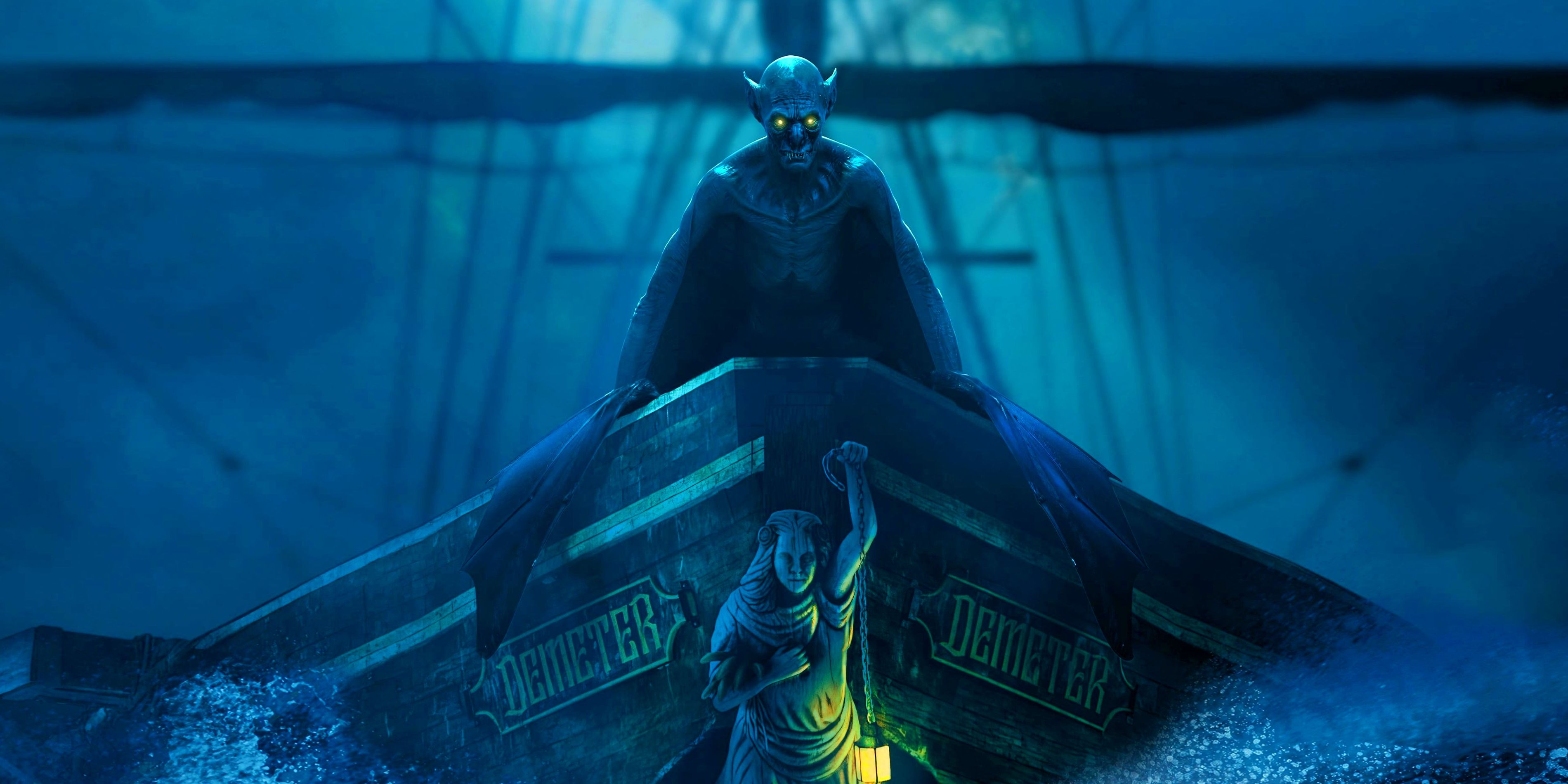 A vampiric figure with glowing yellow eyes stands at the bow of a boat named Demeter, with dark skies and thrashing waters surrounding it.