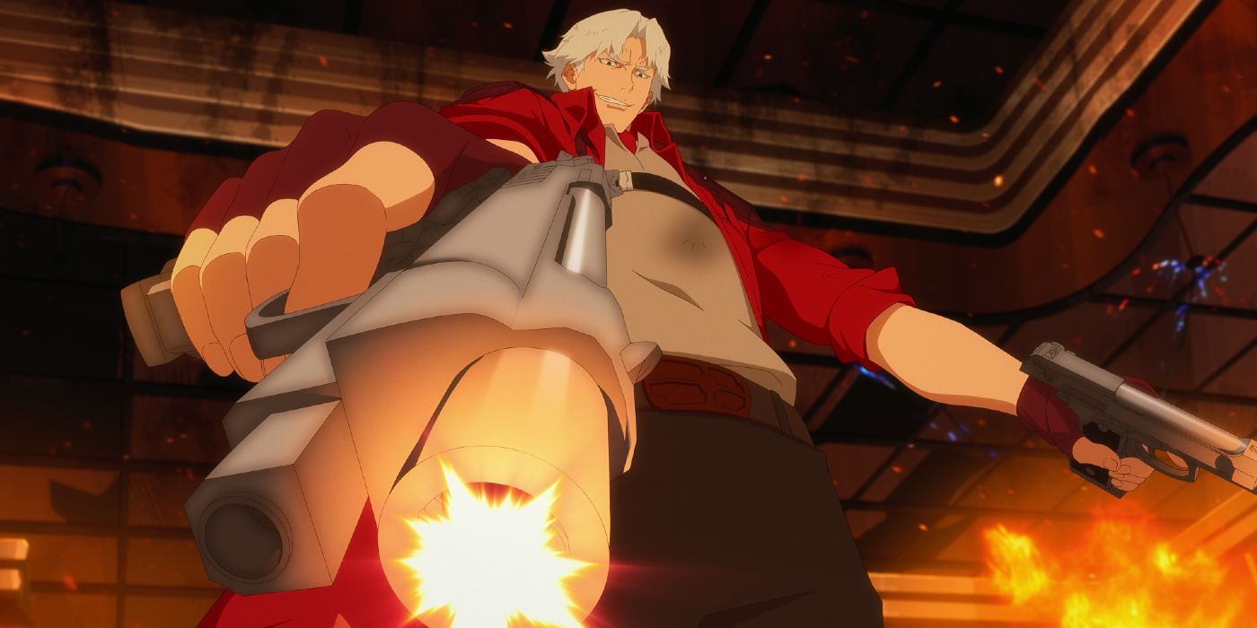 Dante aims his guns down and fires in Devil May Cry