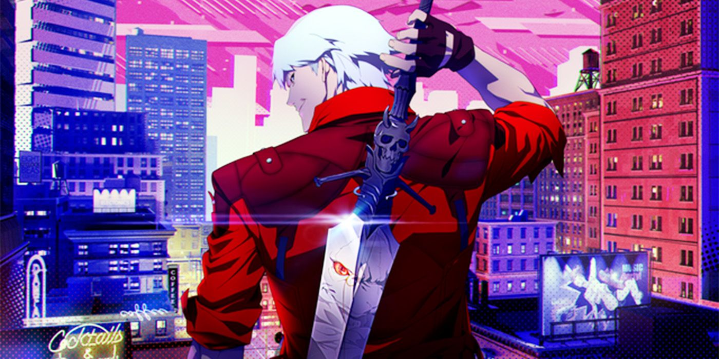 Devil May Cry art of Dante removing his sword with a demon reflected in the blade