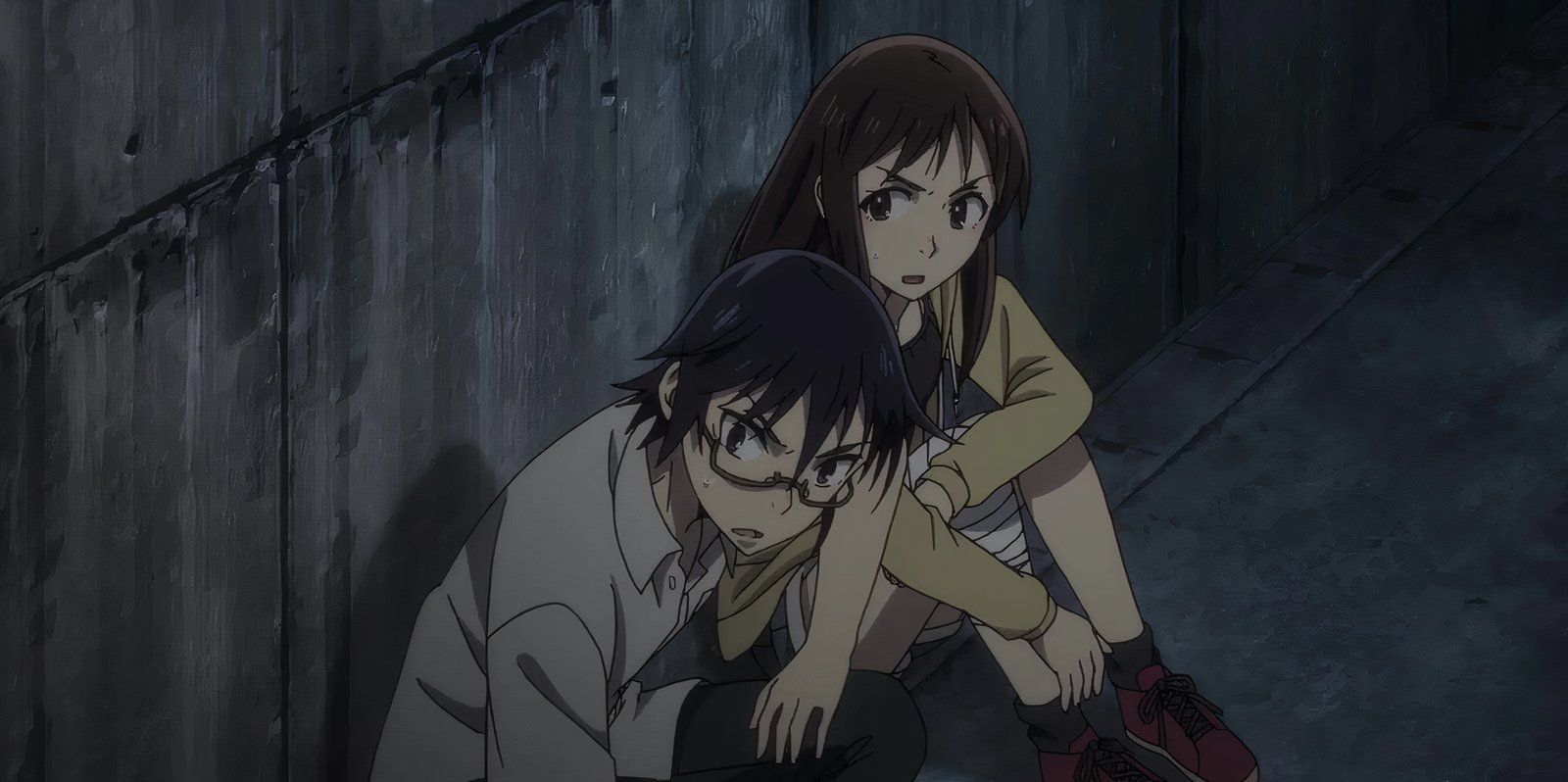 Airi and Satoru sitting in the tunnel on edge in the Erased.