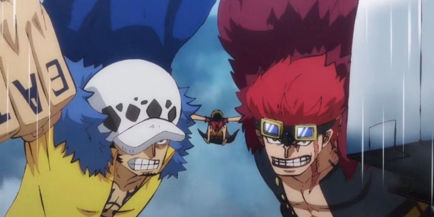 Eustass Kid e Trafalgar Law pegando e jogando Luffy em uma peça