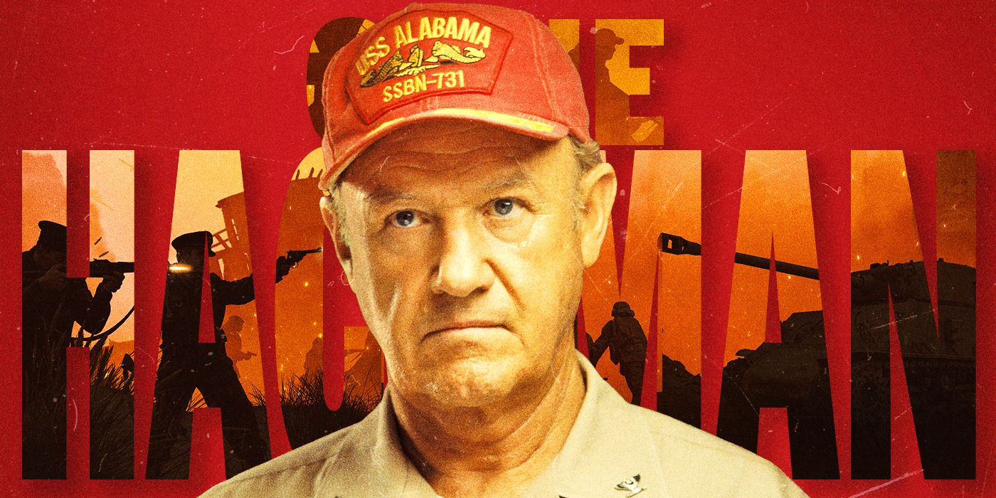 Blended image showing Gene Hackman with his name in large letters on the background