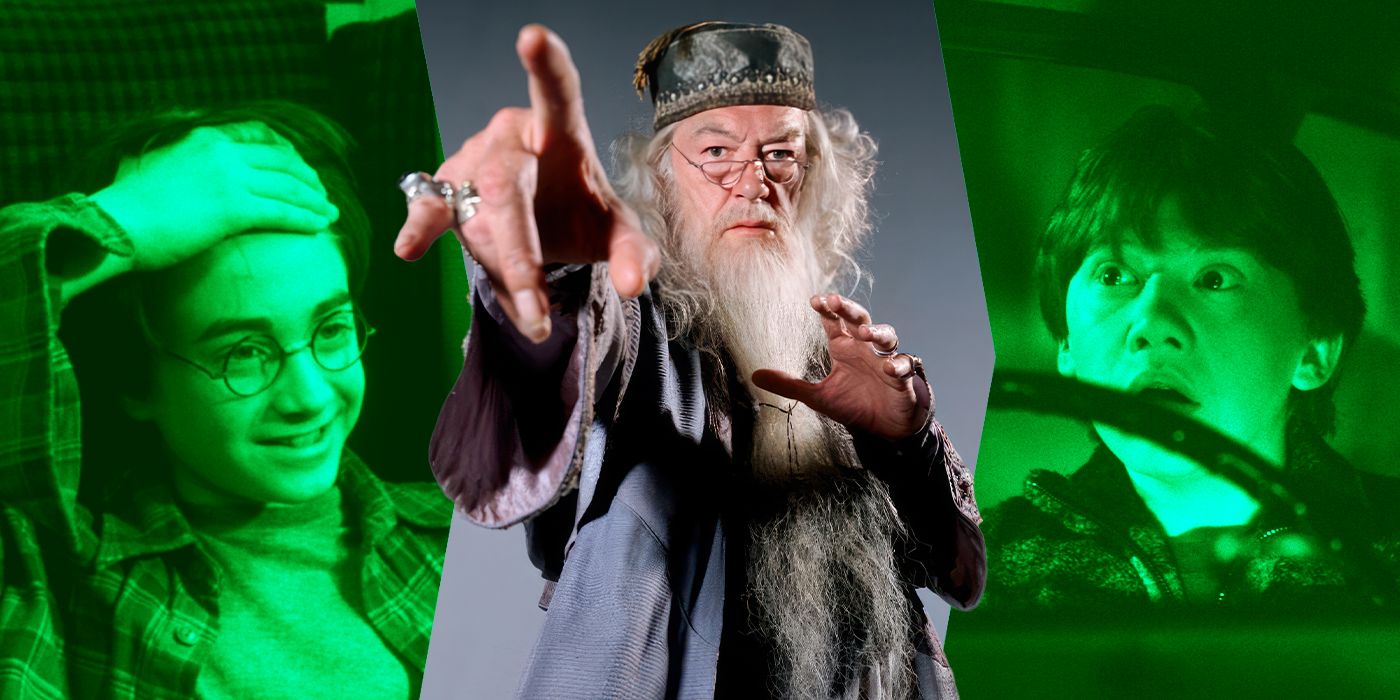 Blended image showing Harry, Dumbledore, and Ron from the Harry Potter movies.