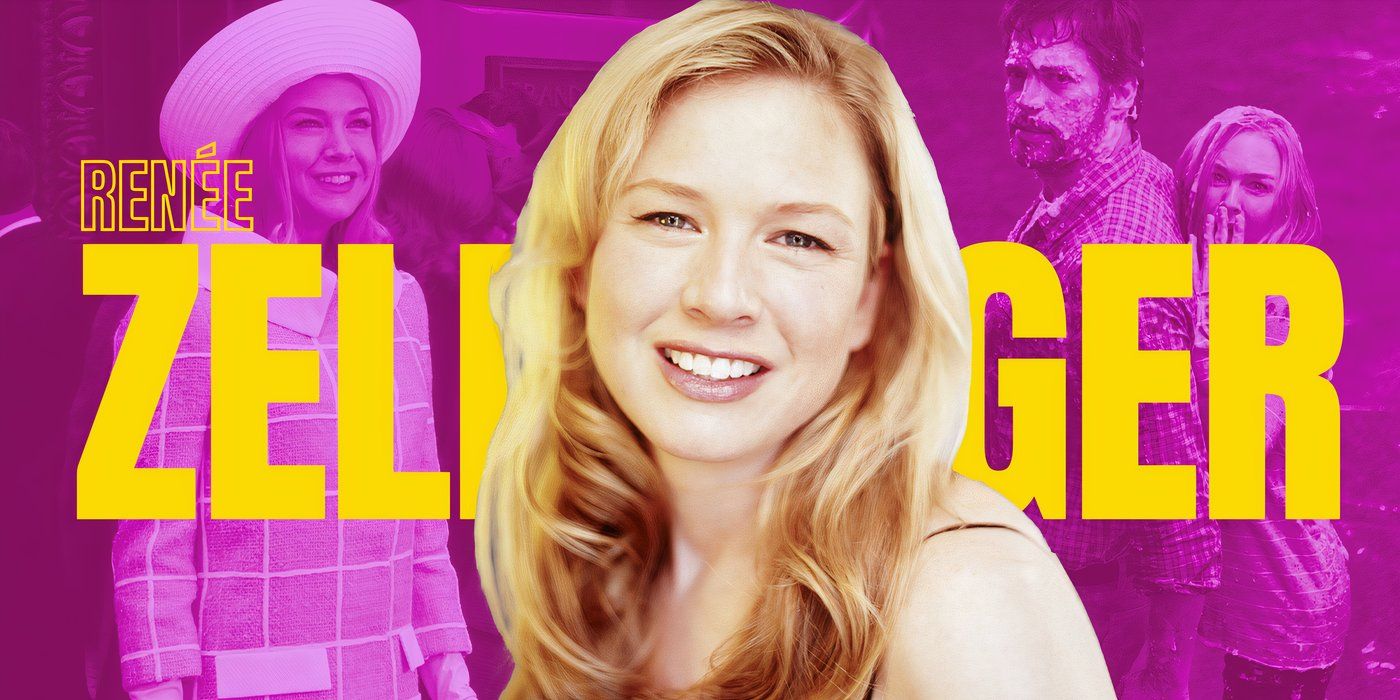 Blended image showing Renée Zellweger with characters from her rom-coms.