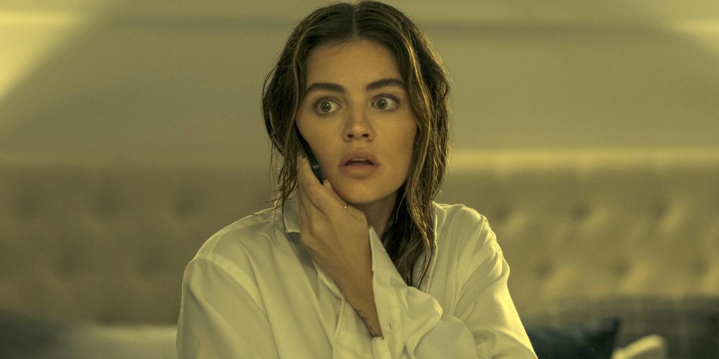 Lucy Hale as Eva holding the phone with her left hand to her right ear in F Marry Kill