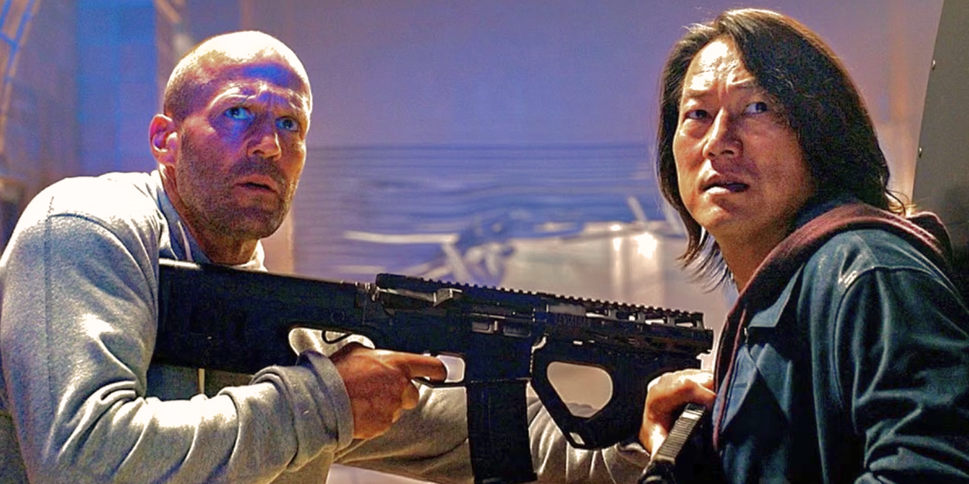 Deckard (Jason Statham) threatens Han (Sung Kang) with a weapon