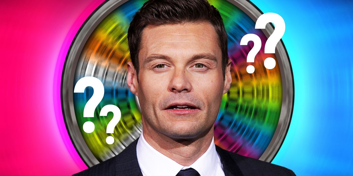 Custom image of Ryan Seacrest in front of the Wheel of Fortune, surrounded by question marks.