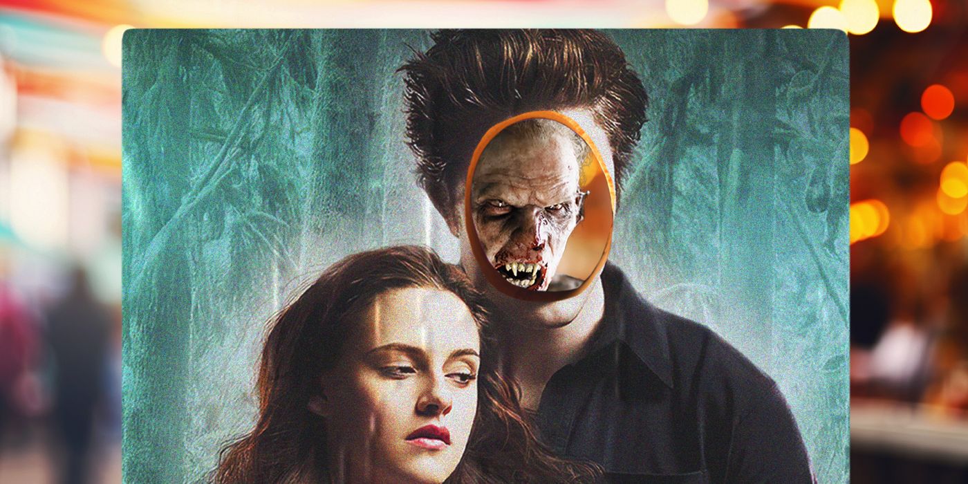 A picture of Bella and Edward from Twilight, as played by actors Kristen Stewart and Robert Pattinson, with Edward&rsquo;s face replaced with that of a monstrous vampire.