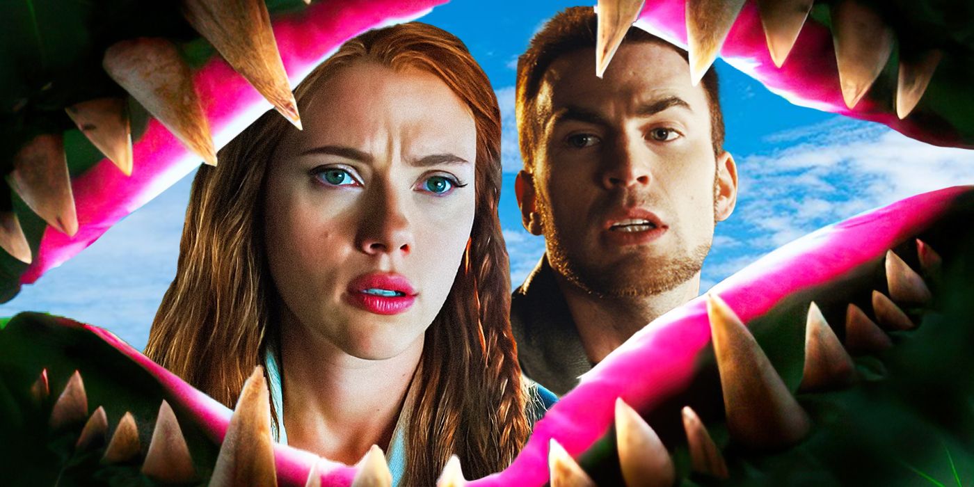 Actors Scarlett Johansson and Chris Evans, framed by the parted mouth of a carnivorous plant with large pointy teeth.